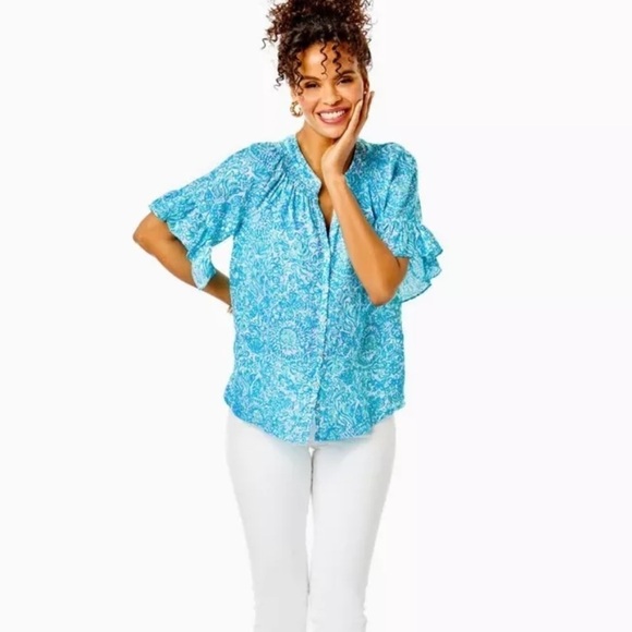 $118 Lilly Pulitzer Tayla Short Sleeve Linen Top Took Me By Sunrise XXSMALL - Picture 5 of 6